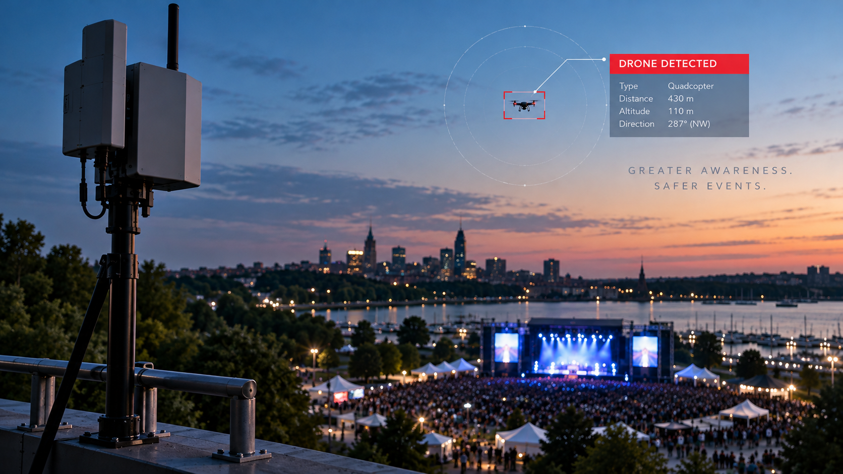 Illustrative drone above a public event venue