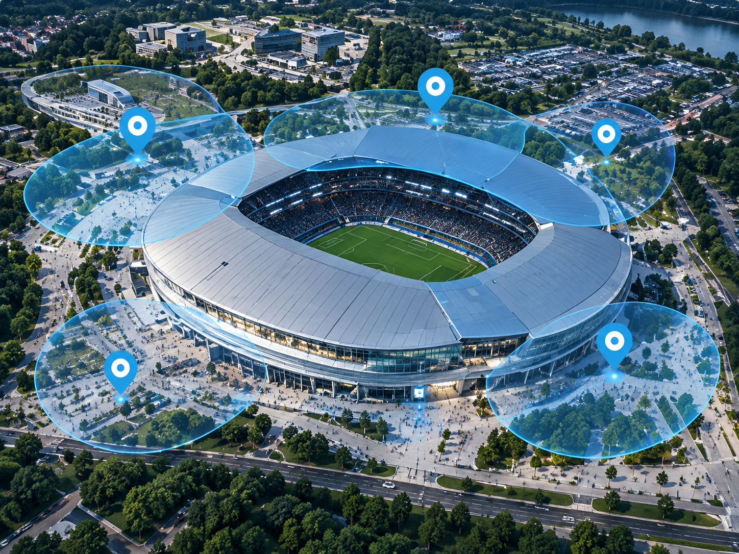 Conceptual aerial view illustrating surveillance coverage planned around an event site