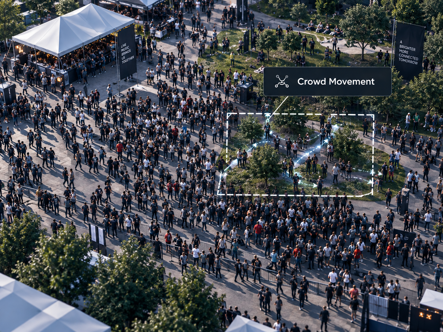 Conceptual event crowd scene illustrating live operational awareness