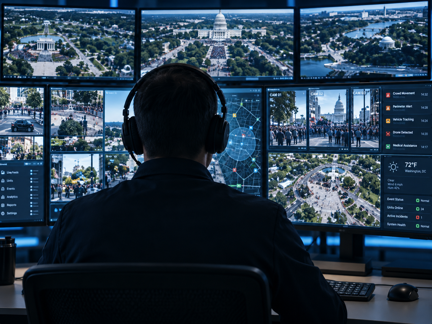 Conceptual event command centre with operators monitoring surveillance information