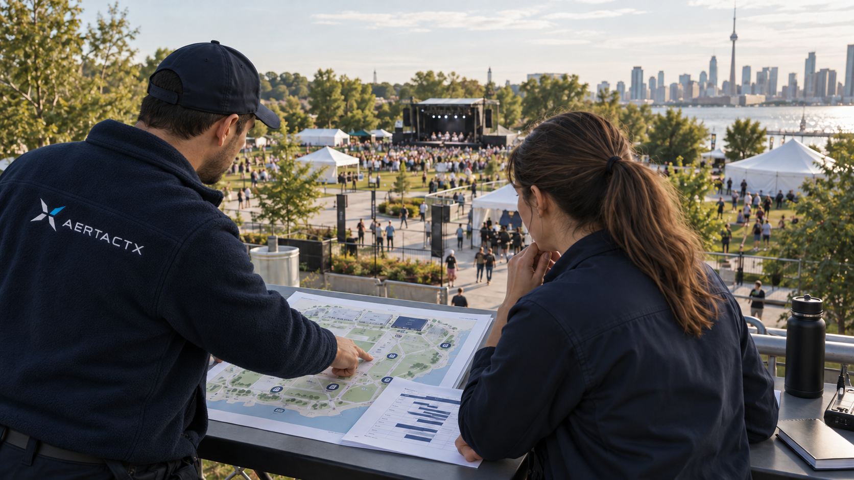 Conceptual drone deployment above an event venue