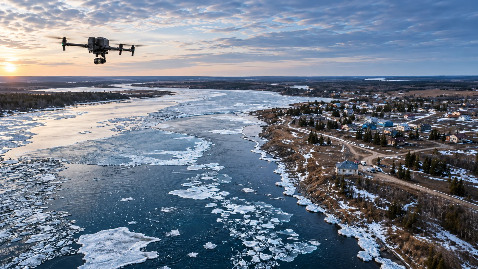 Illustration of a drone observing river ice breakup beside a northern community