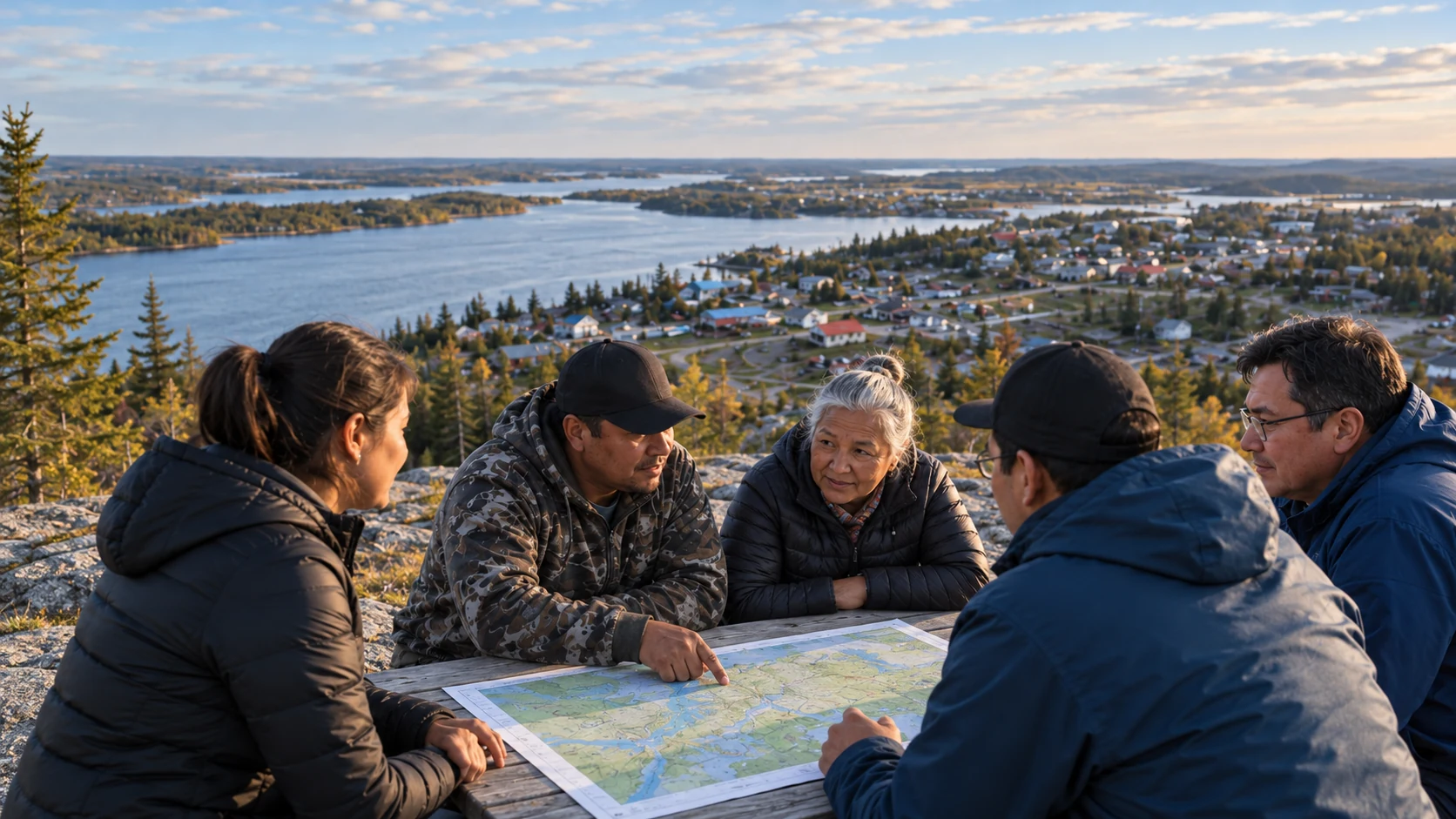 Illustration of community members studying a paper map overlooking a riverside community