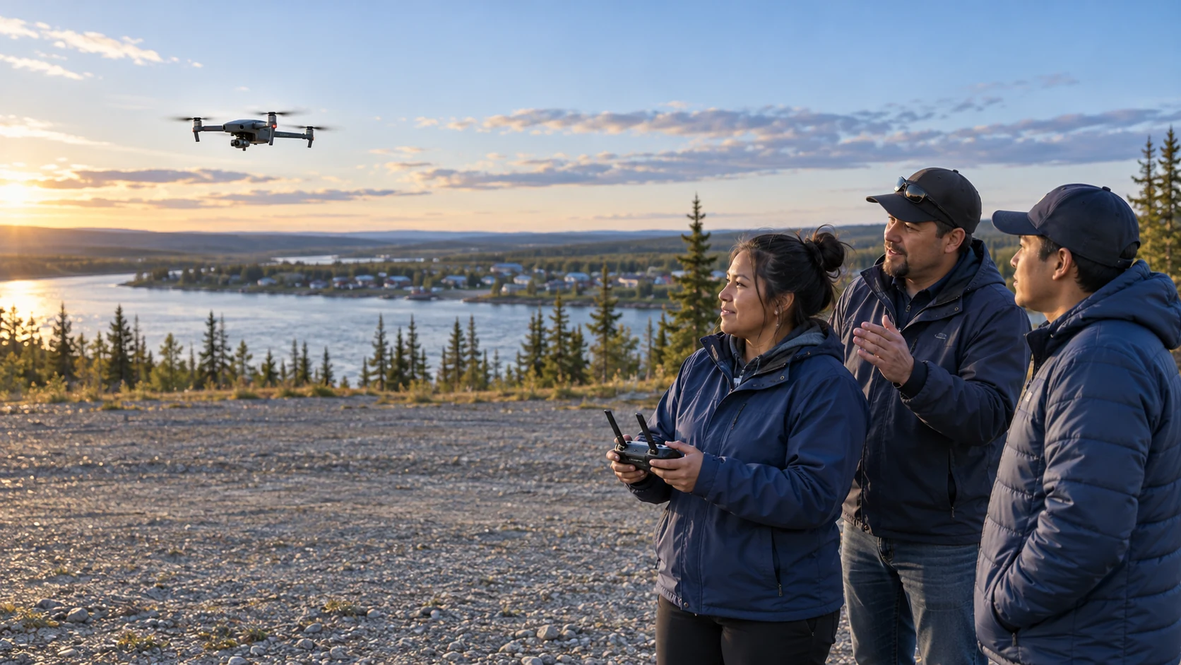 Illustration of a community participant practising drone control beside an instructor at an outdoor training site