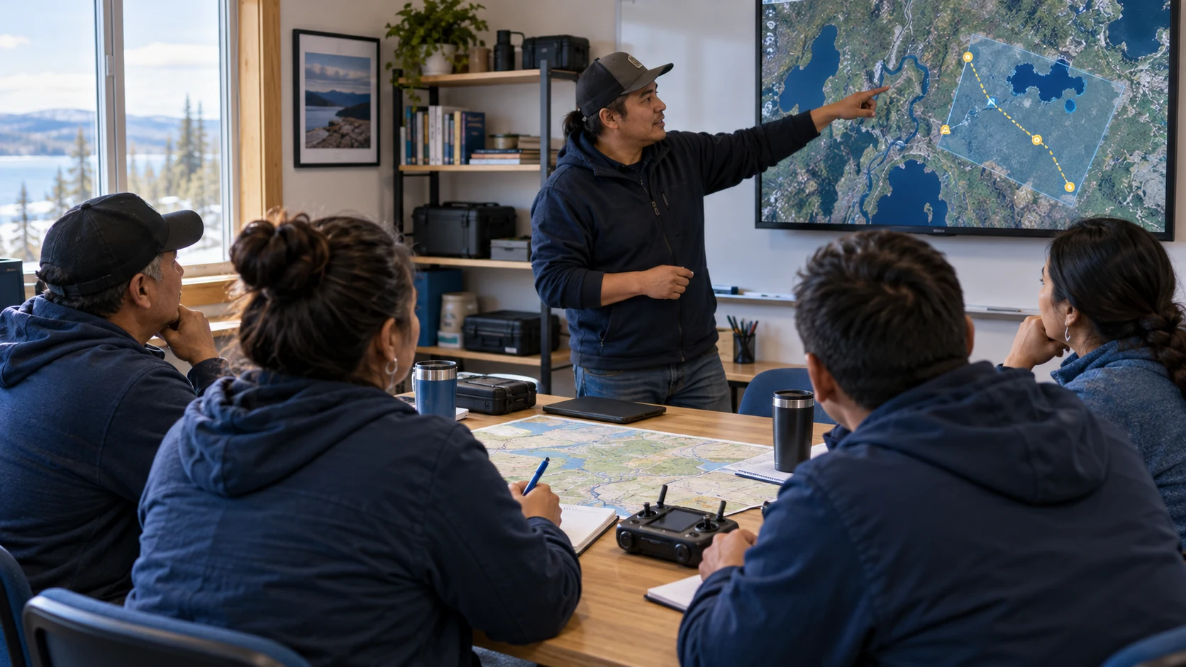Illustration of adult learners and an instructor discussing a terrain map in a community training room